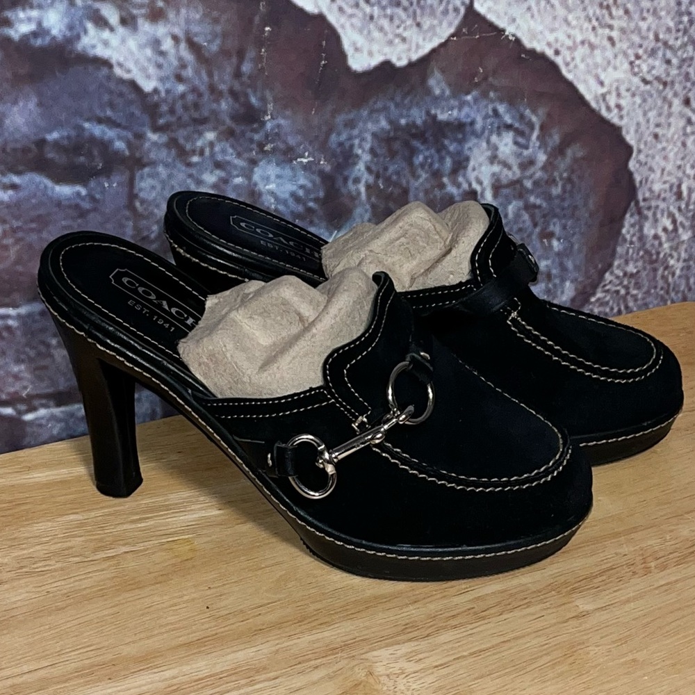 COACH Cleo Black Suede Platform Clip & Ring Clogs Mules Heels Size 7.5B Shoes